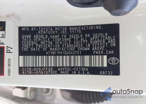 2016 Toyota Camry Se from USA, damaged, VIN 4T1BF1FK1GU543751